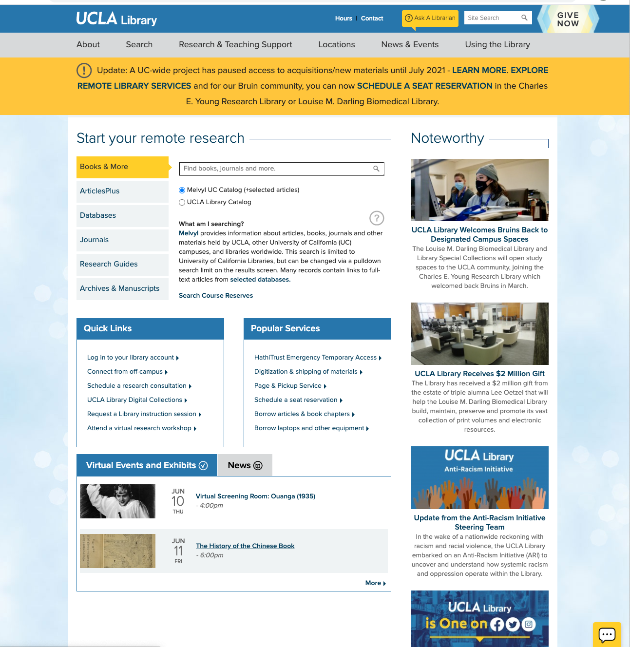 UCLA Library Original Homepage