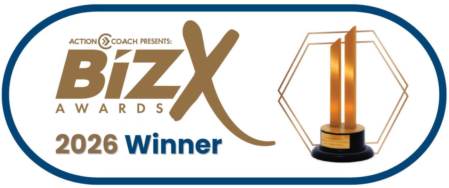 Award certificate for BizX Awards 2026, recognizing winner, featuring a gold trophy with two vertical gold bars on a black base, with celebratory sparkles, and the BizX Awards logo.