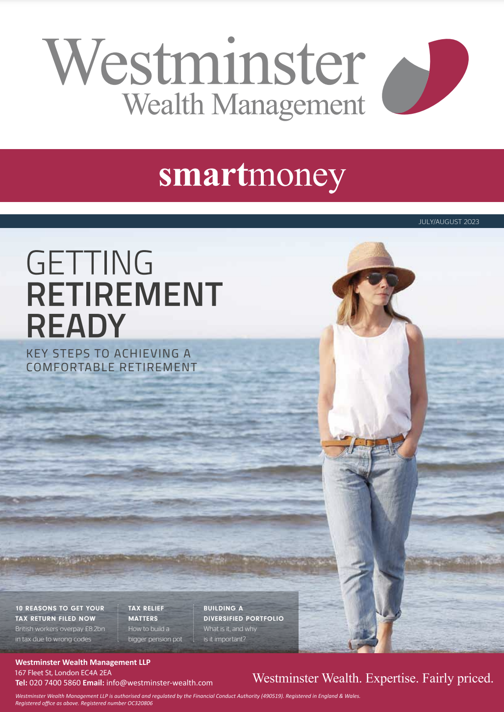 Cover of a financial brochure titled 'smartmoney' by Westminster Wealth Management, featuring an image of a woman in casual wear by the sea, with text about preparing for retirement.