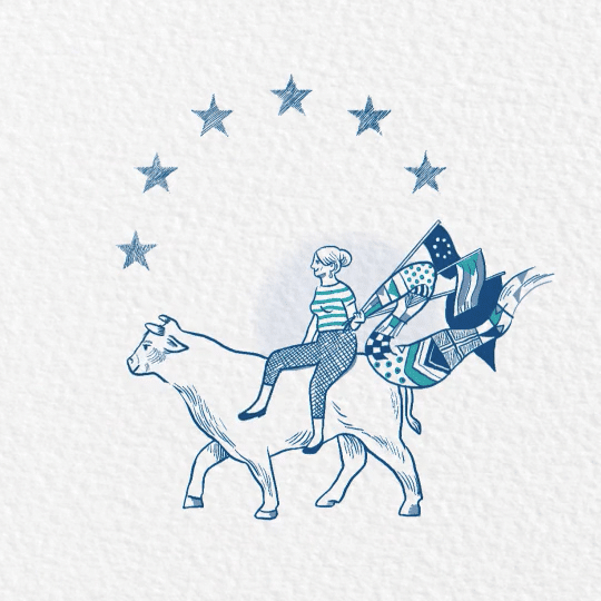 Animiertes Bild von einer Frau, die auf einem Stier sitzt und die verschiedene europäische Flaggen in der Hand hält. Über ihr prangen die Sterne aus der Europa-Flagge. Illustration für das Leitbild der Konrad-Adenauer-Stiftung