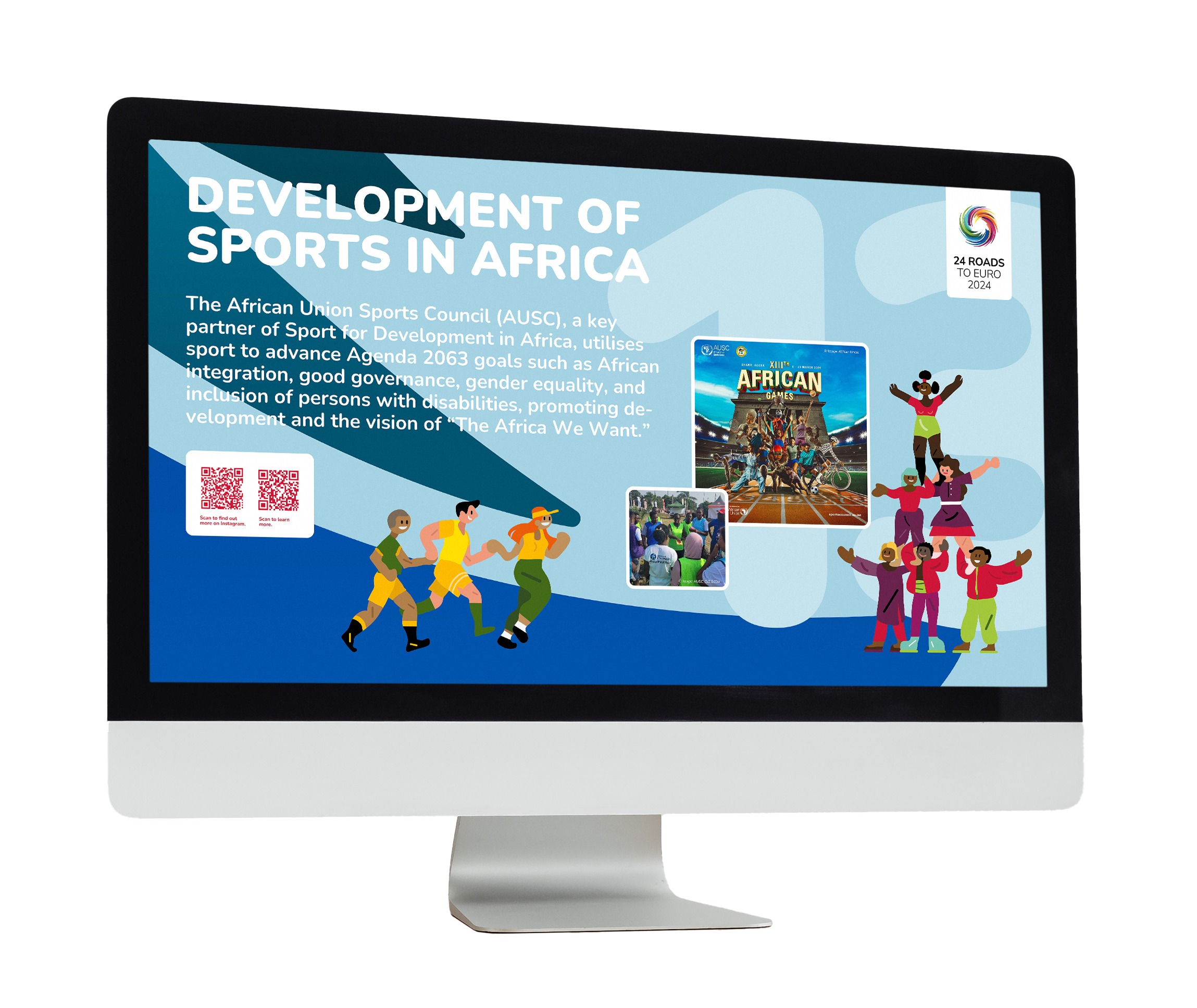 Mockup eines bunten Infoscreens der 24 Roads to Euro der GIZ mit dem Titel “Development of Sports in Africa”