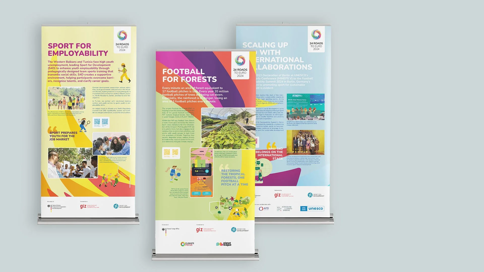 Mockup von drei Rollups der 24 Roads to EURO der GIZ in bunten Farben