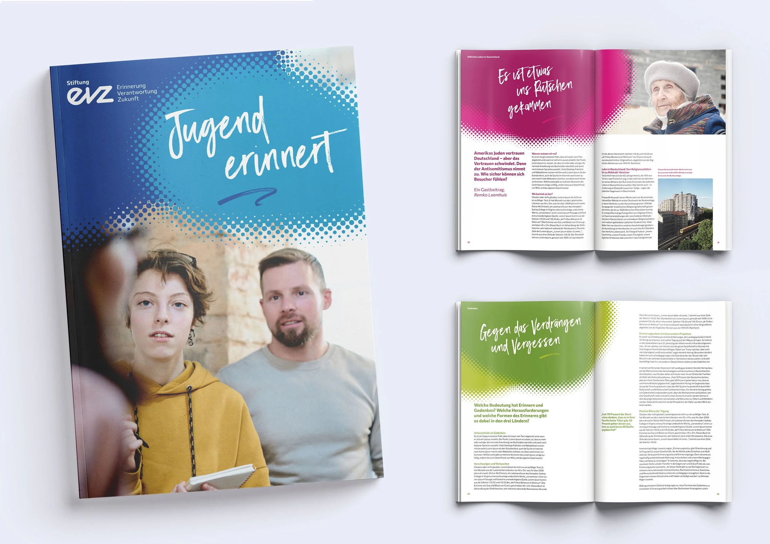 Drei Publikationen der Stiftung-EVZ, Titelseite und Doppelseiten