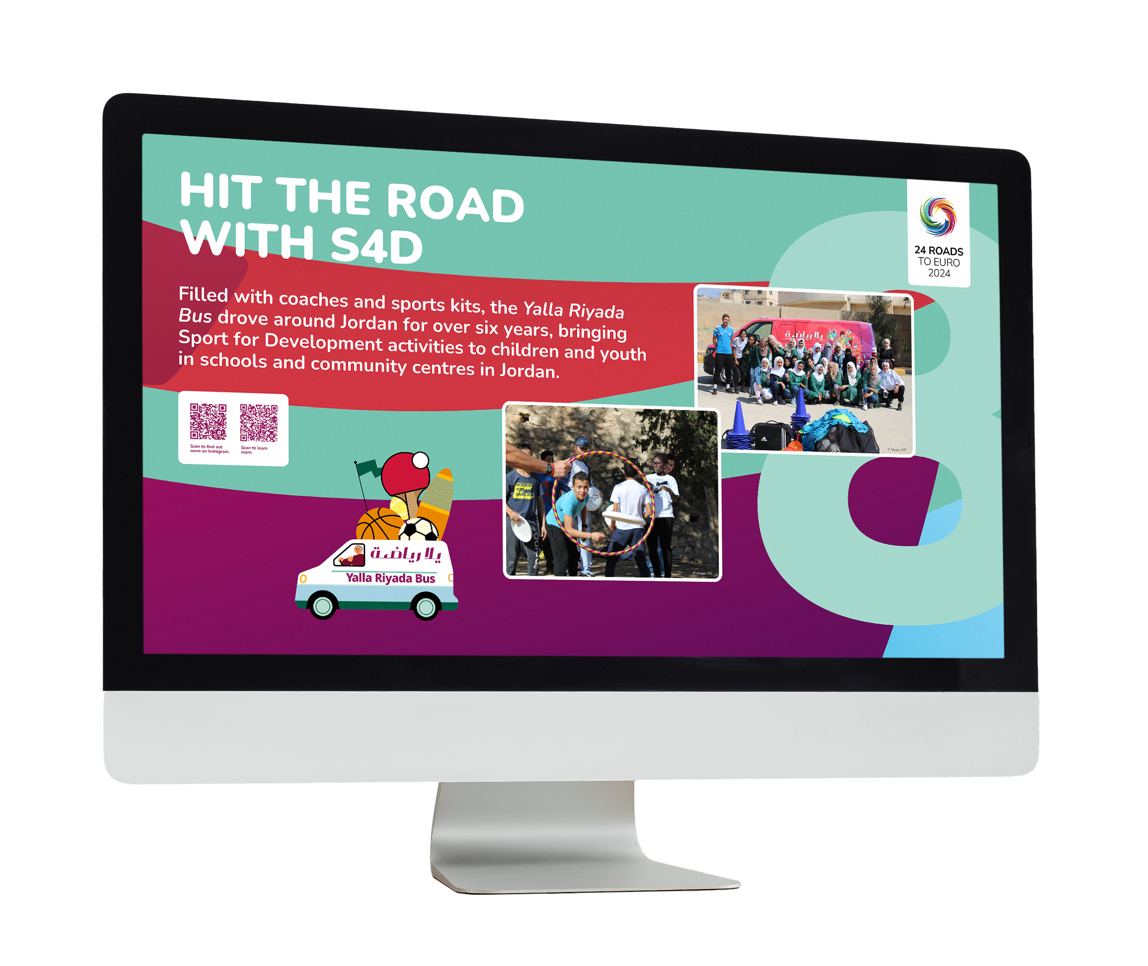 Mockup eines bunten Infoscreens der 24 Roads to Euro der GIZ mit dem Titel “Hit the Road with S4D”