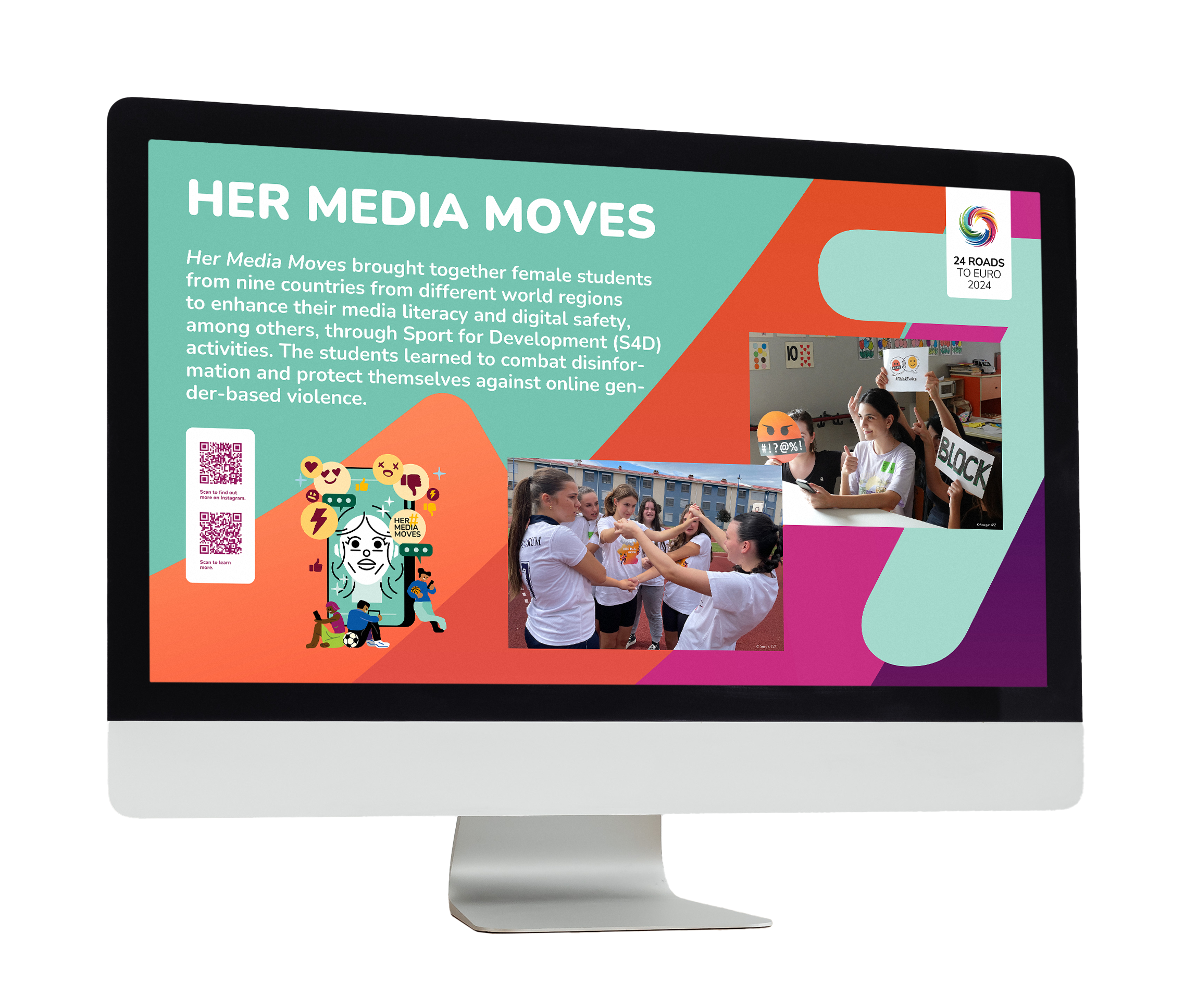 Mockup eines bunten Infoscreens der 24 Roads to Euro der GIZ mit dem Titel “Her Media Moves”