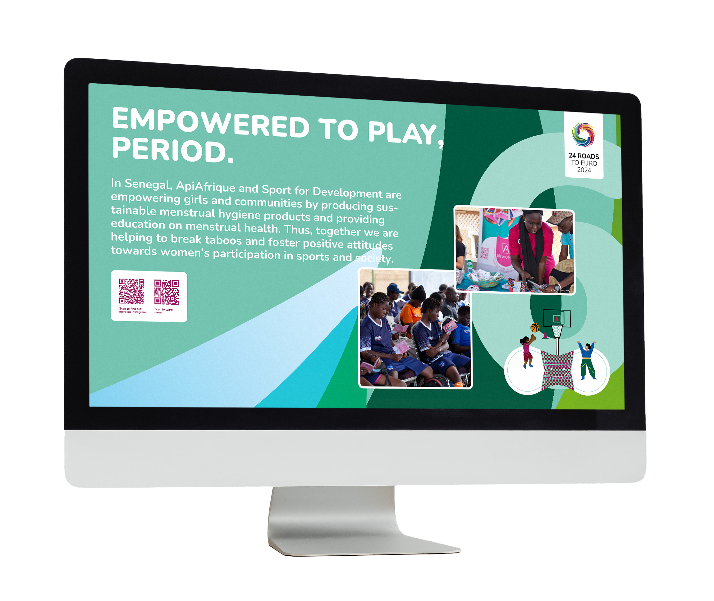 Mockup eines bunten Infoscreens der 24 Roads to Euro der GIZ mit dem Titel “Empowered to play. Period”
