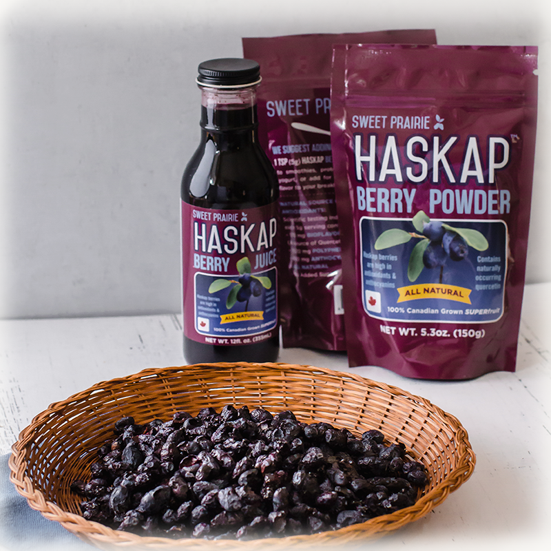 Haskap Berry Powder & Juice with Fresh Haskap Berries