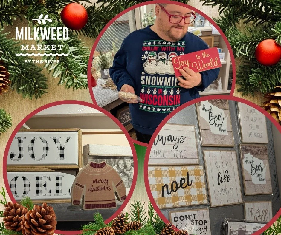 𝗧𝗵𝗶𝘀 𝗶𝘀 𝗮 𝘀𝗶𝗴𝗻 that you should stop by Milkweed Market by the River and check out some of the fun Christmas signs we have on display. 💚 They make GREAT stocking stuffers or last minute gifts. 🎅 While you're there, you can pick up iced oa