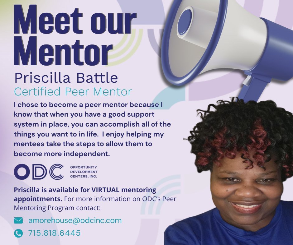 Meet one of our ODC Peer Mentors, 𝗣𝗥𝗜𝗦𝗖𝗜𝗟𝗟𝗔! She 𝗟𝗢𝗩𝗘𝗦 supporting her mentees in taking steps toward independence and accomplishing their goals! 
Peer mentoring is a service we offer that connects individuals who have successfully navig