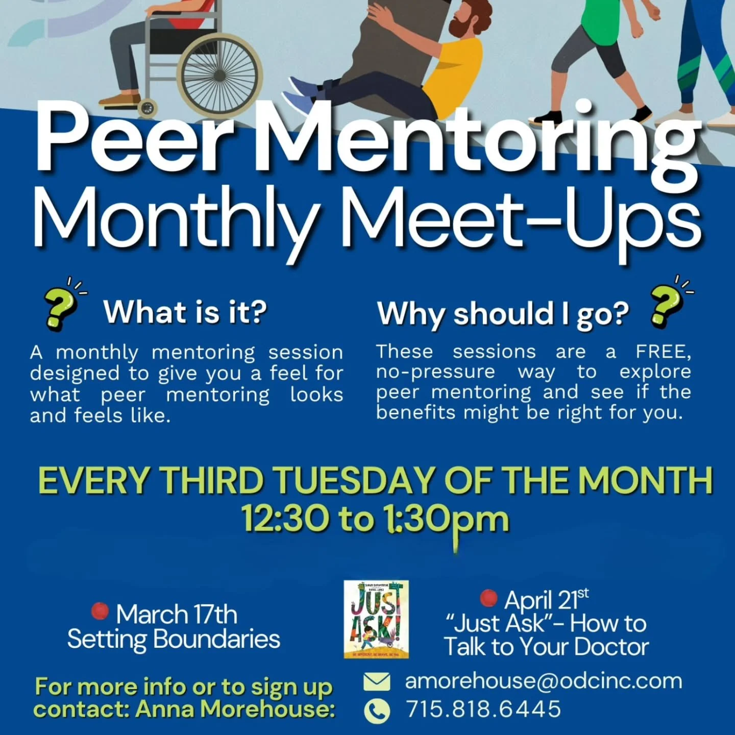 Please join us virtually on 𝗠𝗮𝗿𝗰𝗵 𝟭𝟳𝘁𝗵 &amp; 𝗔𝗽𝗿𝗶𝗹 𝟮𝟭𝘀𝘁 𝗳𝗿𝗼𝗺 𝟭𝟮:𝟯𝟬-𝟭:𝟯𝟬𝗽𝗺 for our 𝗙𝗥𝗘𝗘 𝗣𝗲𝗲𝗿 𝗠𝗲𝗻𝘁𝗼𝗿𝗶𝗻𝗴 𝗠𝗼𝗻𝘁𝗵𝗹𝘆 𝗠𝗲𝗲𝘁-𝗨𝗽𝘀! These sessions are run by current ODC Peer Mentors and are informati