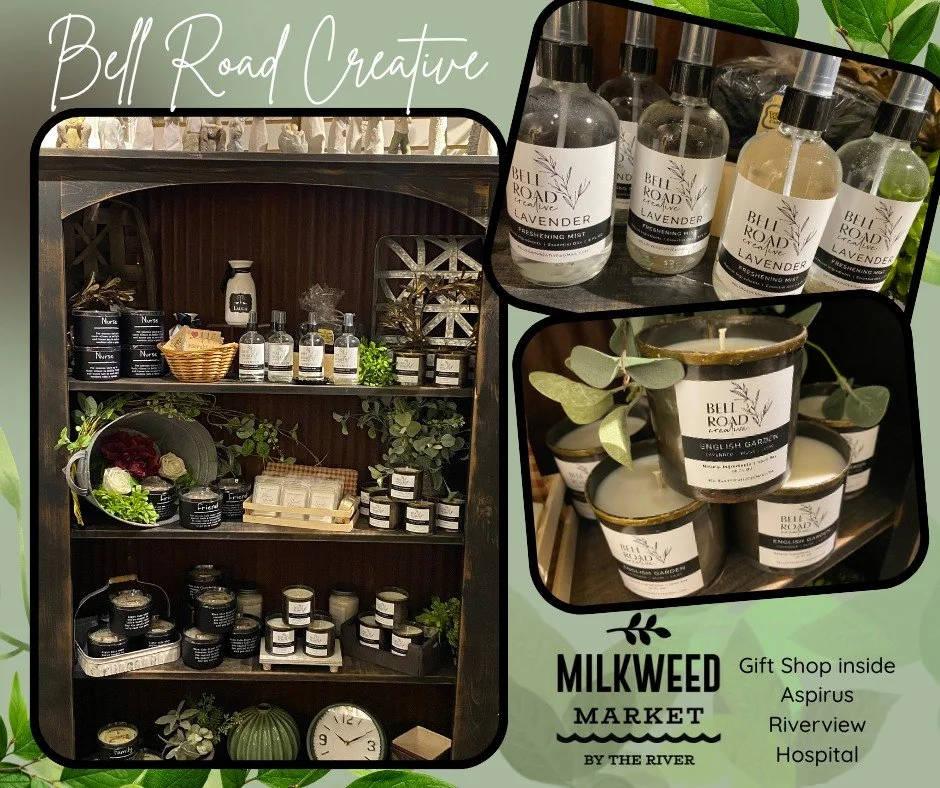 𝗧𝗵𝗲𝗿𝗲 𝗮𝗿𝗲 𝗹𝗼𝘁𝘀 𝗼𝗳 𝗰𝗵𝗮𝗻𝗴𝗲𝘀 𝗵𝗮𝗽𝗽𝗲𝗻𝗶𝗻𝗴 at Milkweed Market by the River (our gift shop inside of Aspirus Riverview Hospital) and THIS is one of them. We are now carrying incredible candles and sprays by Bell Road Creative-ha