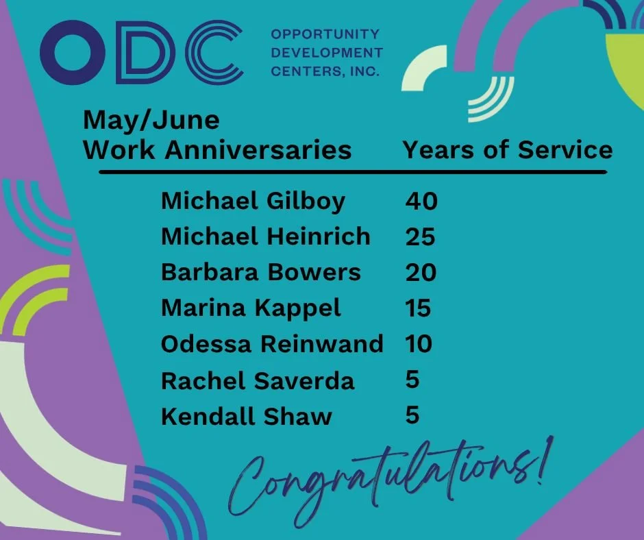𝗖𝗢𝗡𝗚𝗥𝗔𝗧𝗨𝗟𝗔𝗧𝗜𝗢𝗡𝗦 to our staff members celebrating milestone work anniversaries! 𝗧𝗛𝗔𝗡𝗞 𝗬𝗢𝗨 𝗦𝗢 𝗠𝗨𝗖𝗛 for all of your hard work &amp; dedication to ODC!