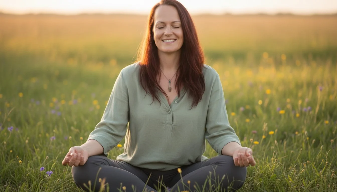Founder of SoulBreathYoga in a field with eyes closed, smiling.
