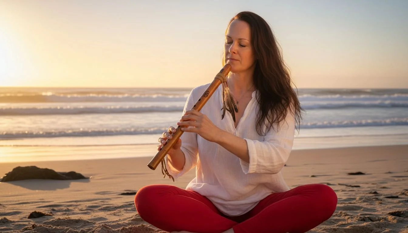 Piroska Shakti Akasha with flute on the beach