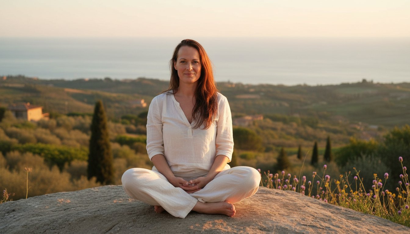 Founder of SoulBreathYoga sitting on a rock with the Tuscan landscape behing her.