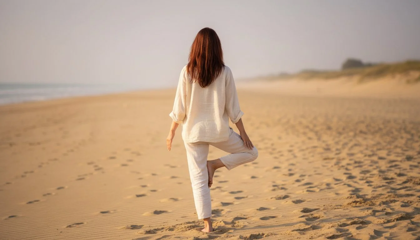 Founder of SoulBreathYoga on the beach, in the sand in tree pose.