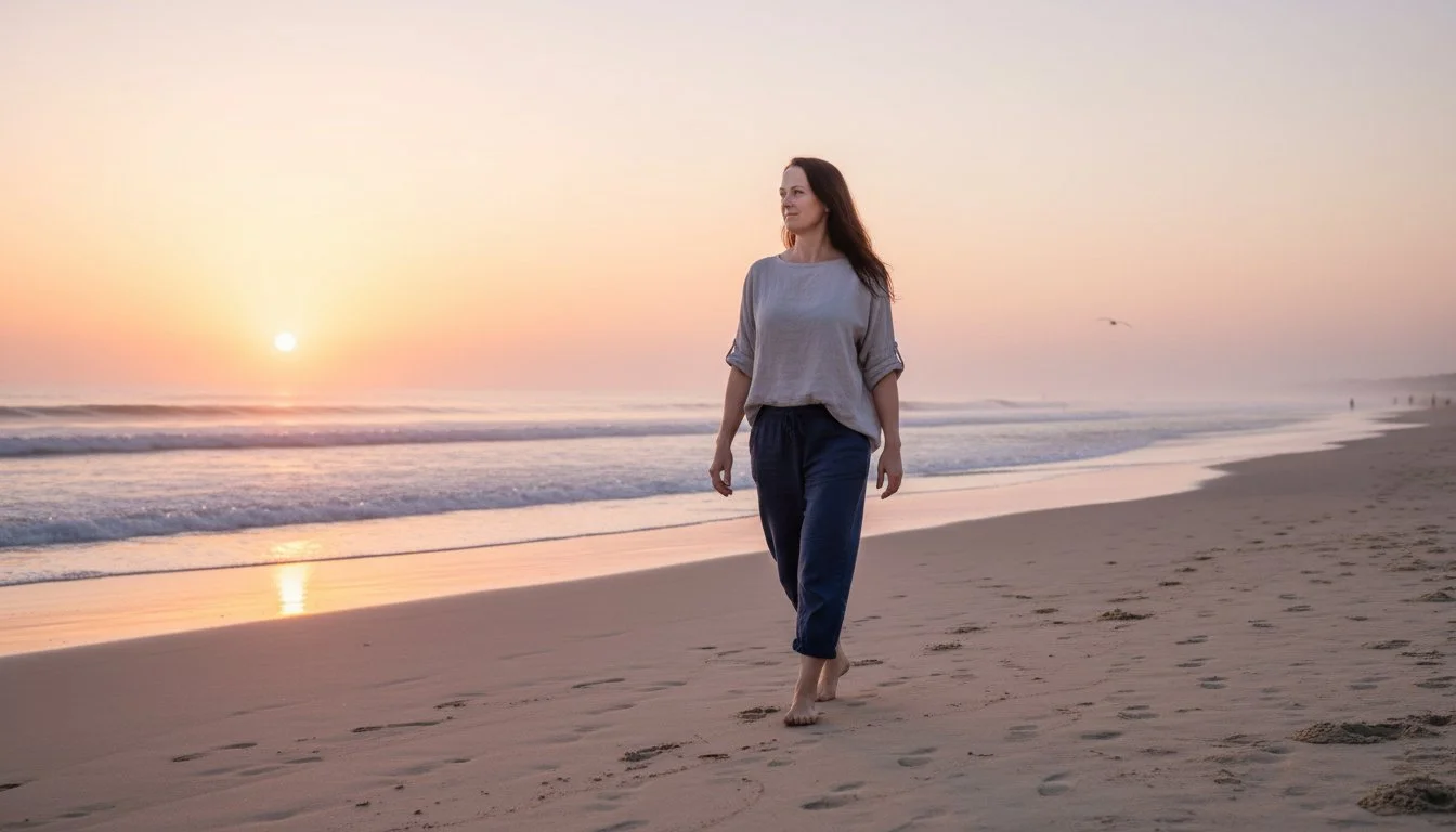 Woman walking home on the beach at sunset.