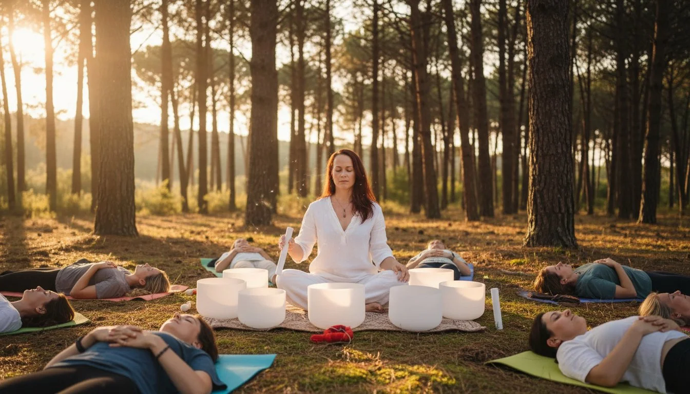 Founder of SoulBreathYoga holding a sound bath in the Tuscan pinewood with people lying on mats around her.