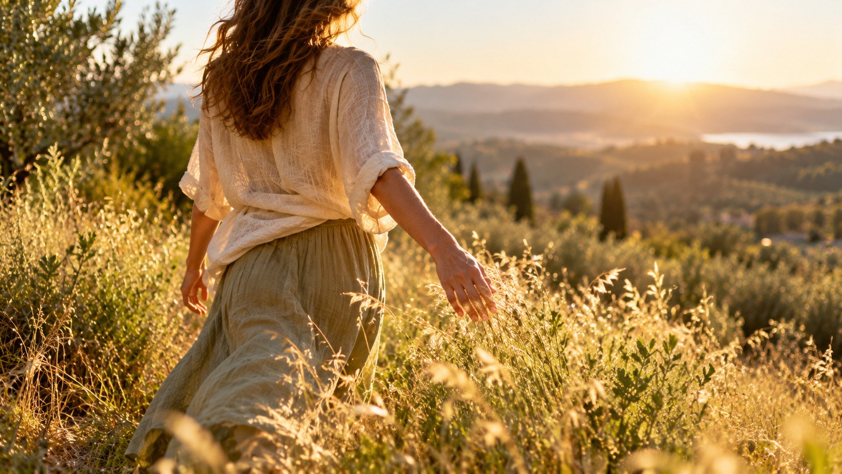 Woman in nature, feeling alive, her hands caressing the tall grass as she's walking, soaking in the light.