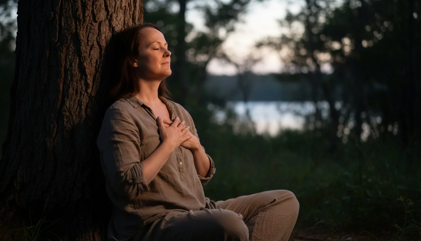 Founder of SoulBreathYoga, Piroska Shakti Akasha, leaning against a tree in semi-dark, eyes closed