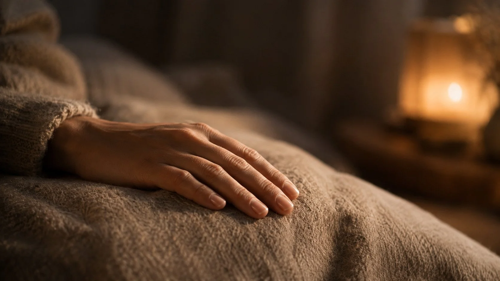 Close-up of a hand resting gently on a soft blanket or pillow in dim warm light, peaceful stillness, muted evening tones, quiet and tender mood.