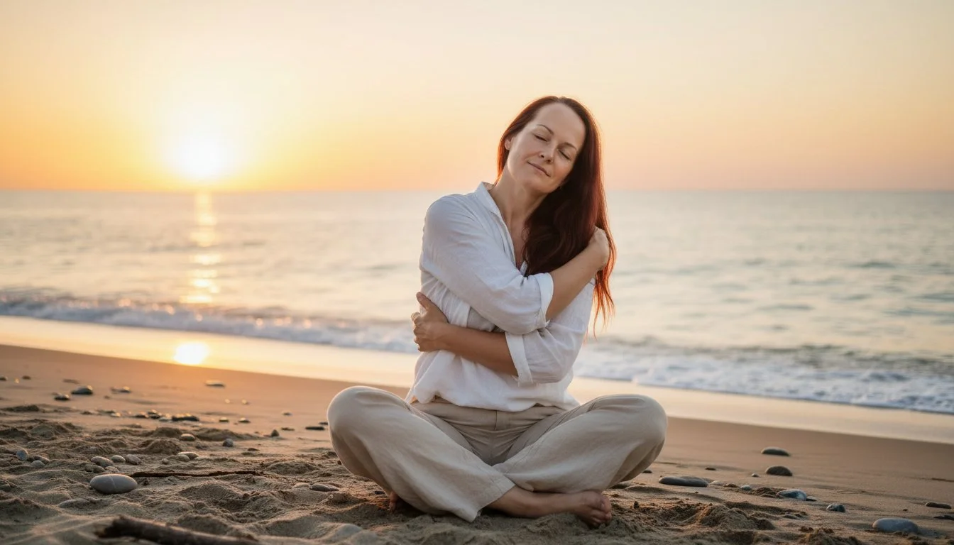 Founder of SoulBreathYoga on the beach in golden sunset, hugging herself.