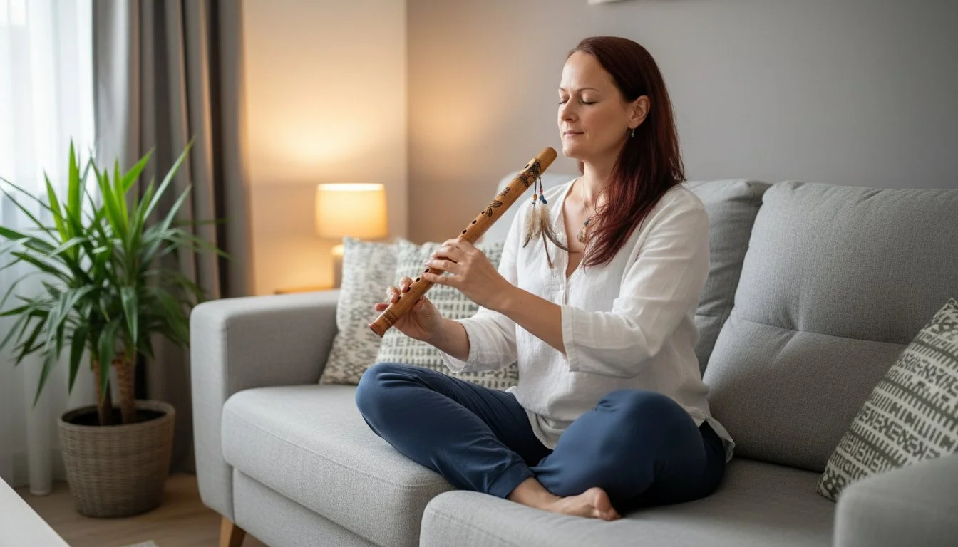 Founder of SoulBreathYoga playing the NAF flute in her home.