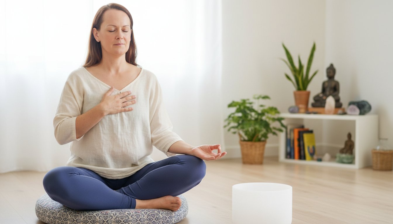 Founder of SoulBreathYoga sitting in her home studio in meditation.