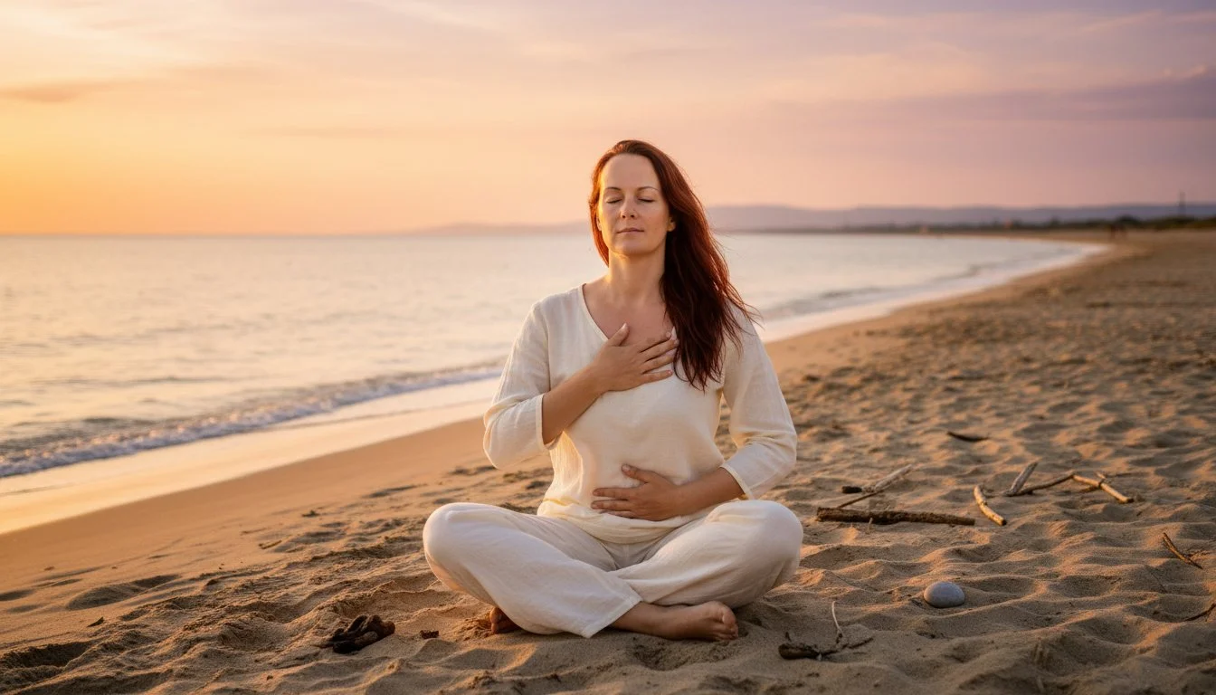 Founder of SoulBreathYoga sitting on the beach, eyes closed, one hand on heart, one hand on belly.