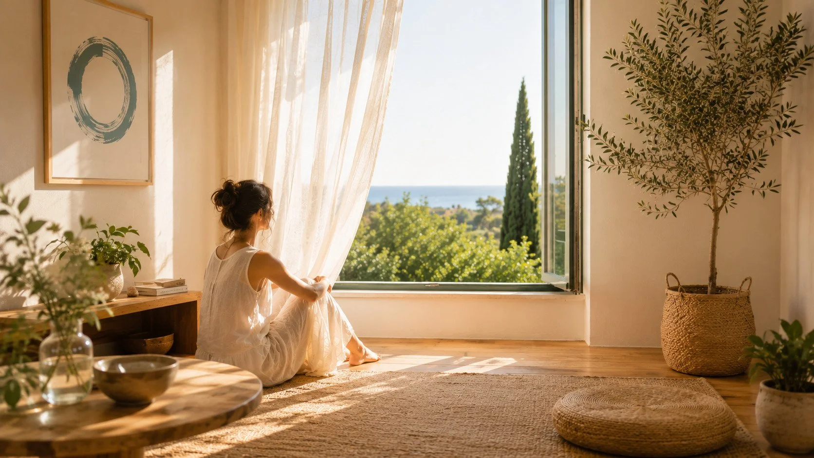 Woman sitting in front of a window, liiking out at the beautiful, Tuscan landscape, light natural fabric curtains gently moving in the light breeze.