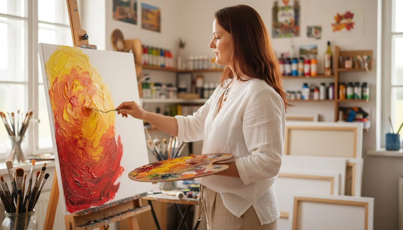 Founder of SoulBreathYoga painting in her studio