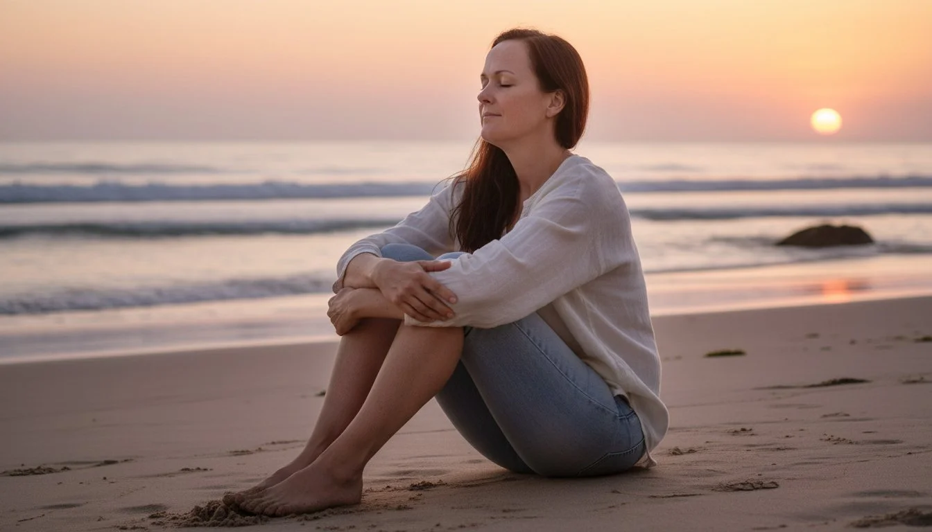 Founder of SoulBreathYoga sitting on beach, eyes closed, arms around knees.