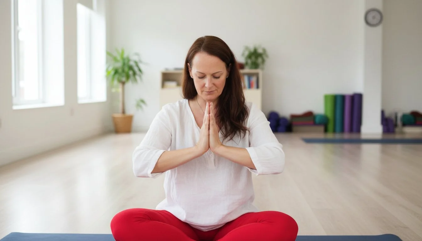 Founder of SoulBreathYoga sittin in a yoga studio, hands in prayer position, gently bowing to her heart.