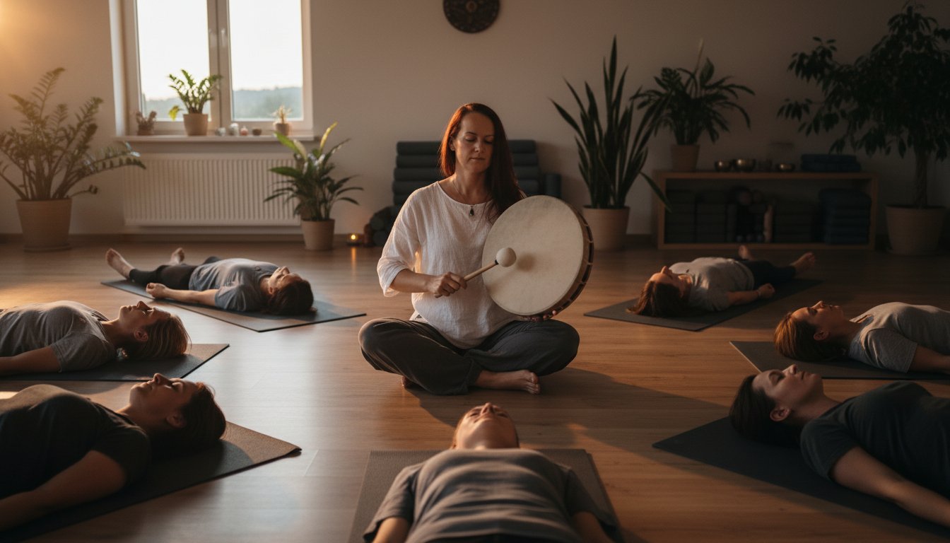 Founder of SoulBreathYoga playing the shamanic drum with a group of people in her yoga studio.