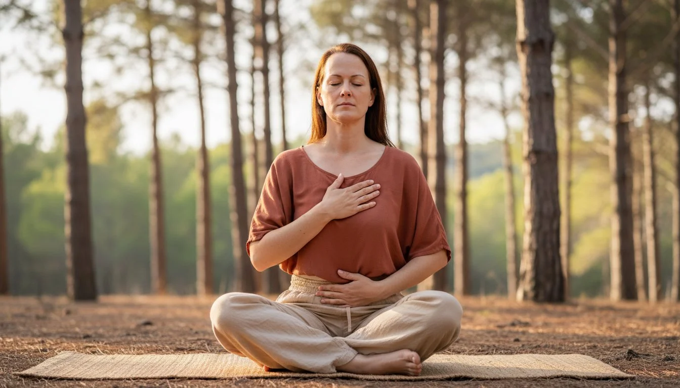 Founder of SoulBreathYoga, Piroska Shakti Akasha in the pinewood, sitting on a mt with hands on heart and belly, eyes closed