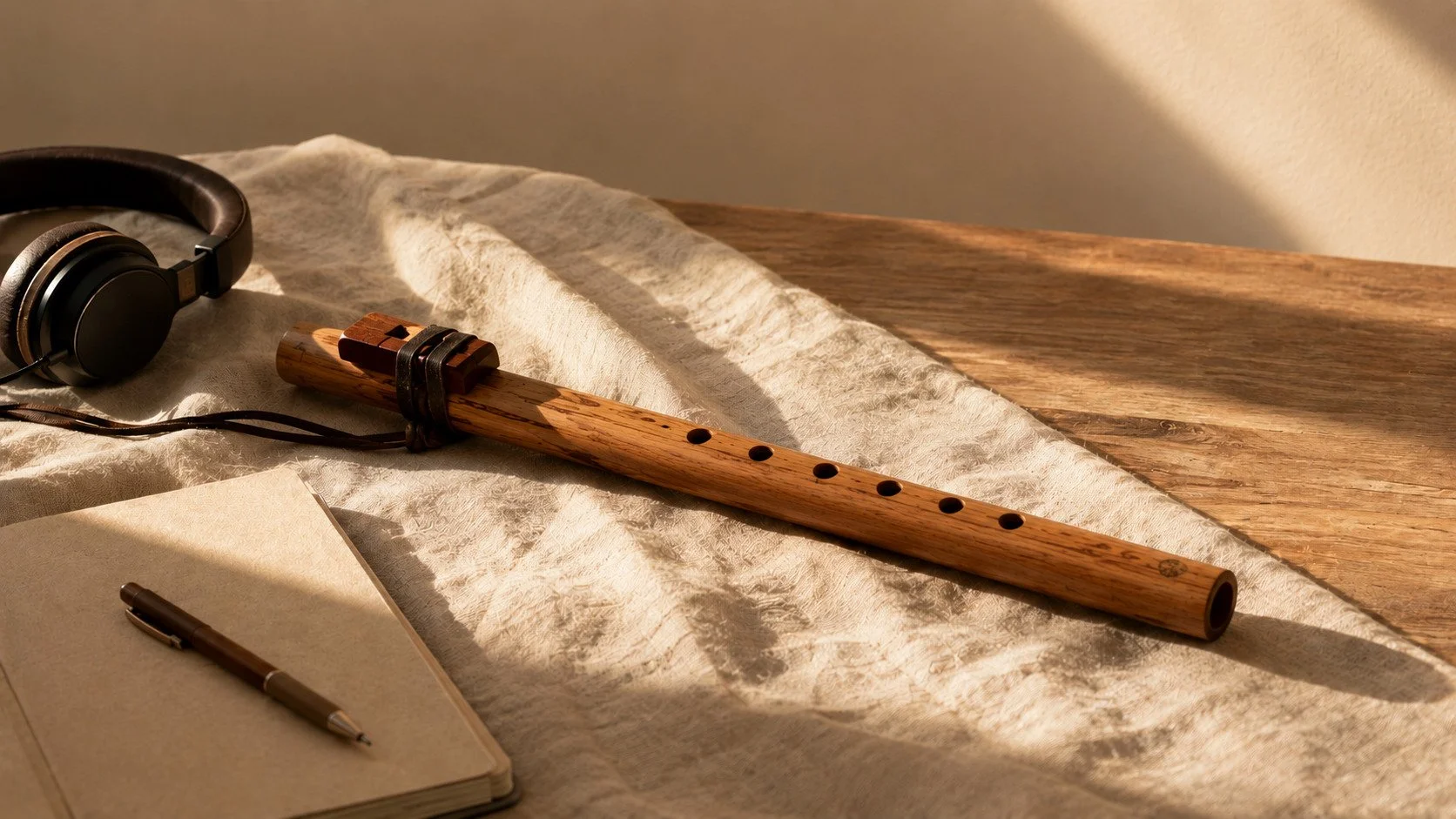 A Native American style wooden flute, headphones and notebook resting on a linen cloth on a wooden desk.