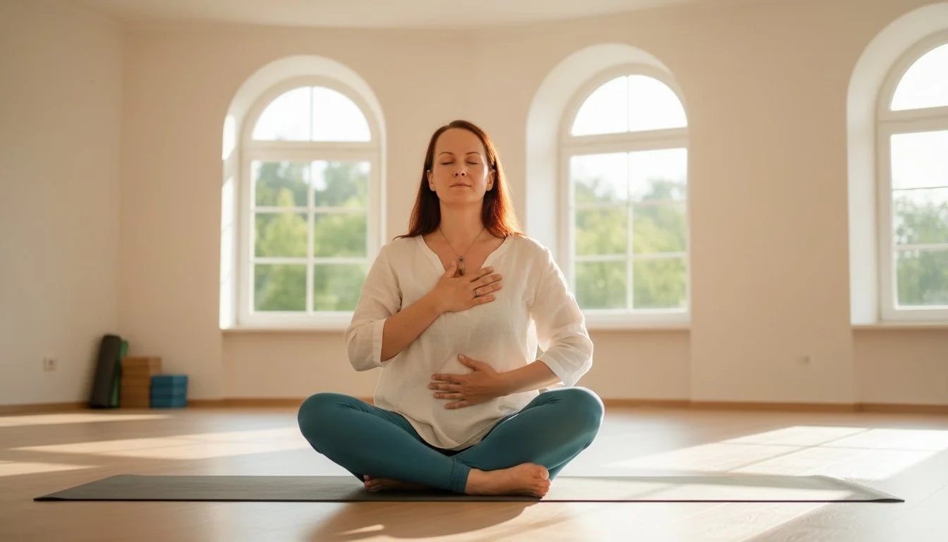 Founder of SoulBreathYoga sitting in a luminous yoga studio, eyes closed, one hand on heart, one oin belly.
