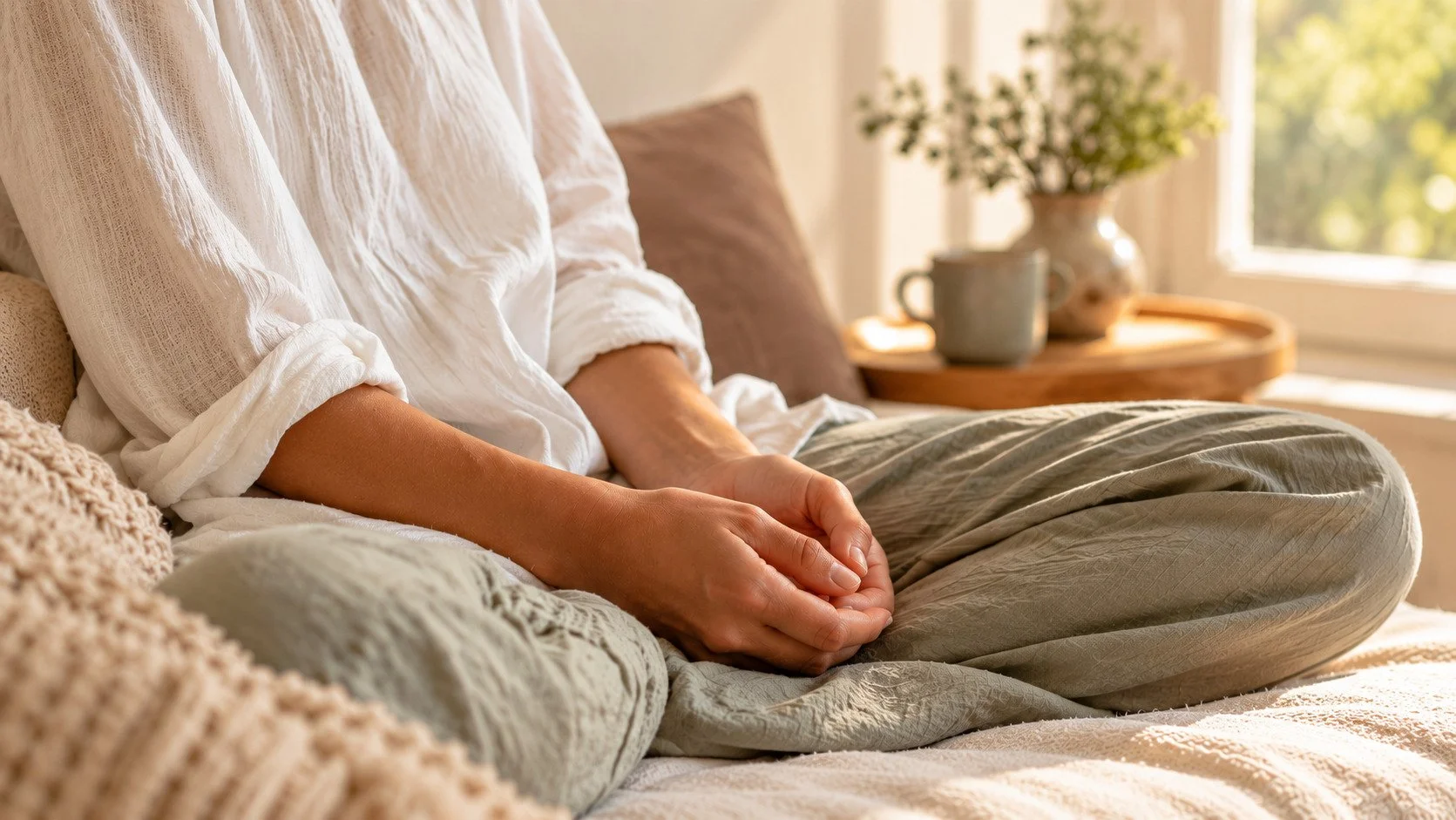 Closup of a woman's hands gently resting in her lap, sitting on a sofa. Natural light.