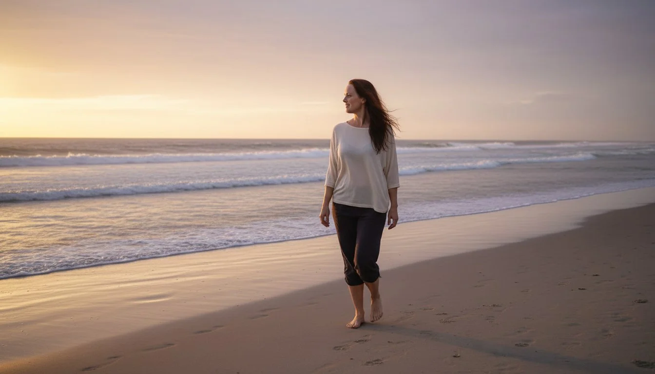 Woman on the beach at sunset, walking.