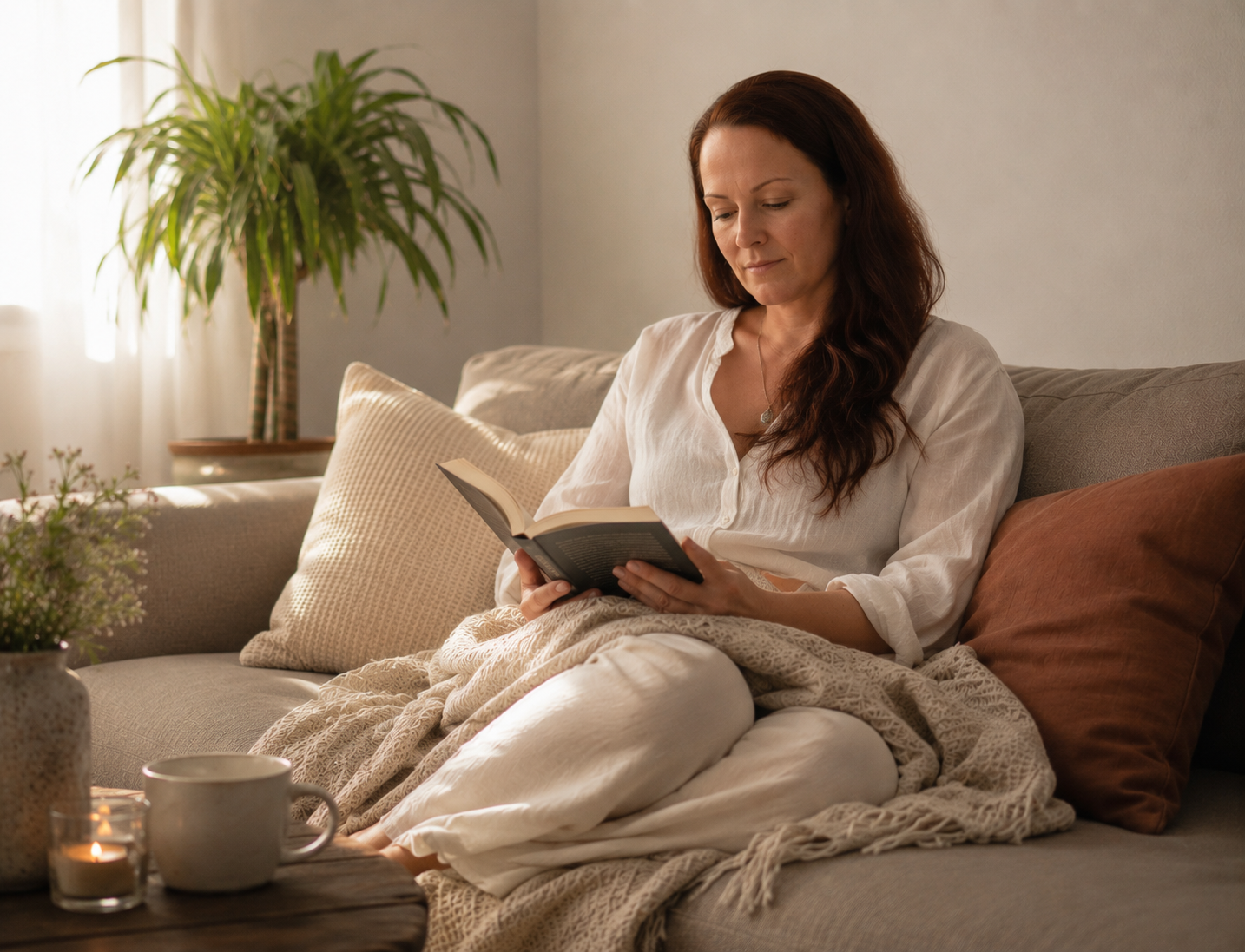 Woman reading a book sitting on the sofa