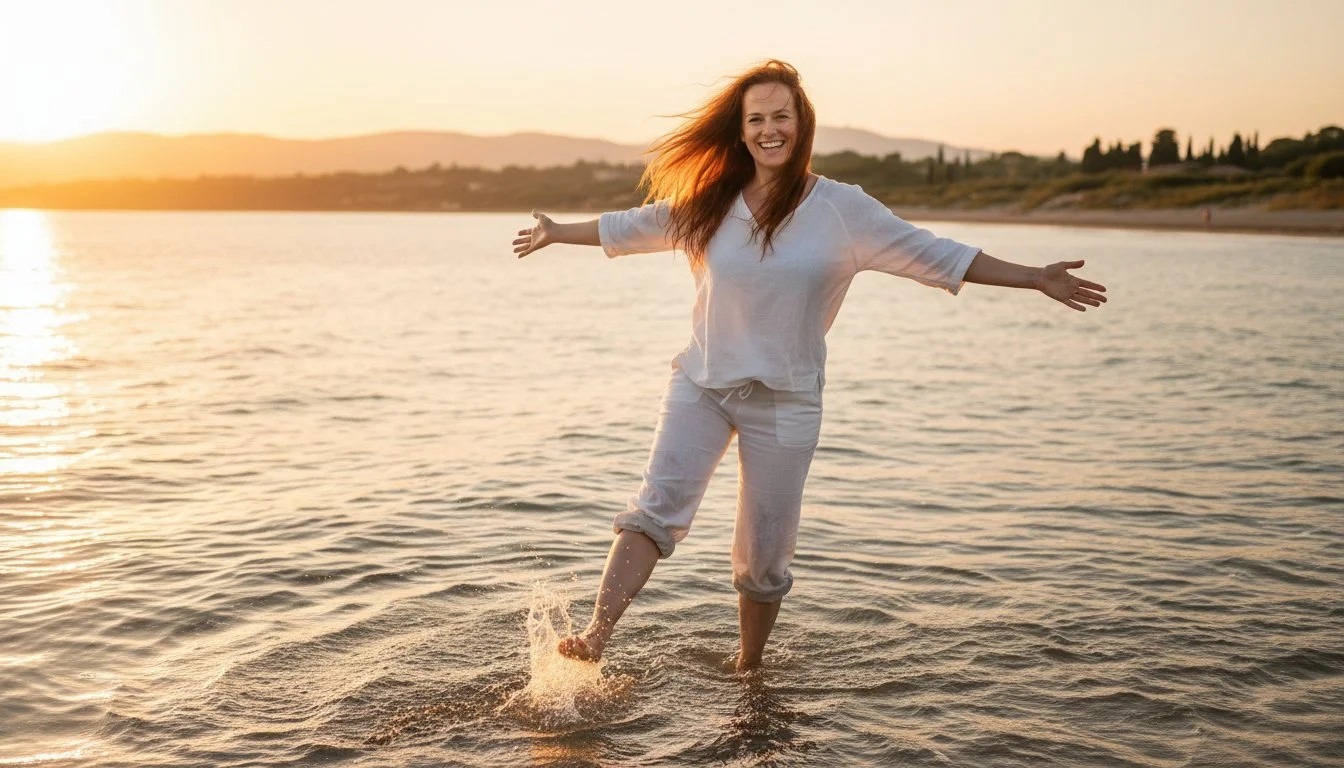 Founder of SoulBreathYoga on the beach, with her feet in the water, happy with her arms wide and smiling.