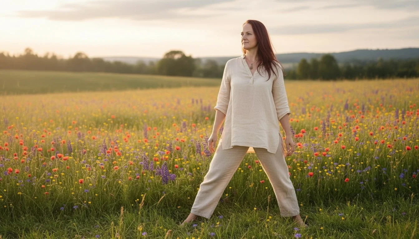 Founder of SoulBreathYoga in the field, in a powerful posture.