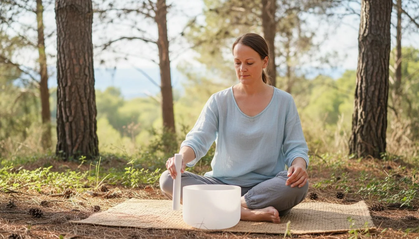 Founder of SoulBreathYoga in the pinewood playing a crystal bowl.