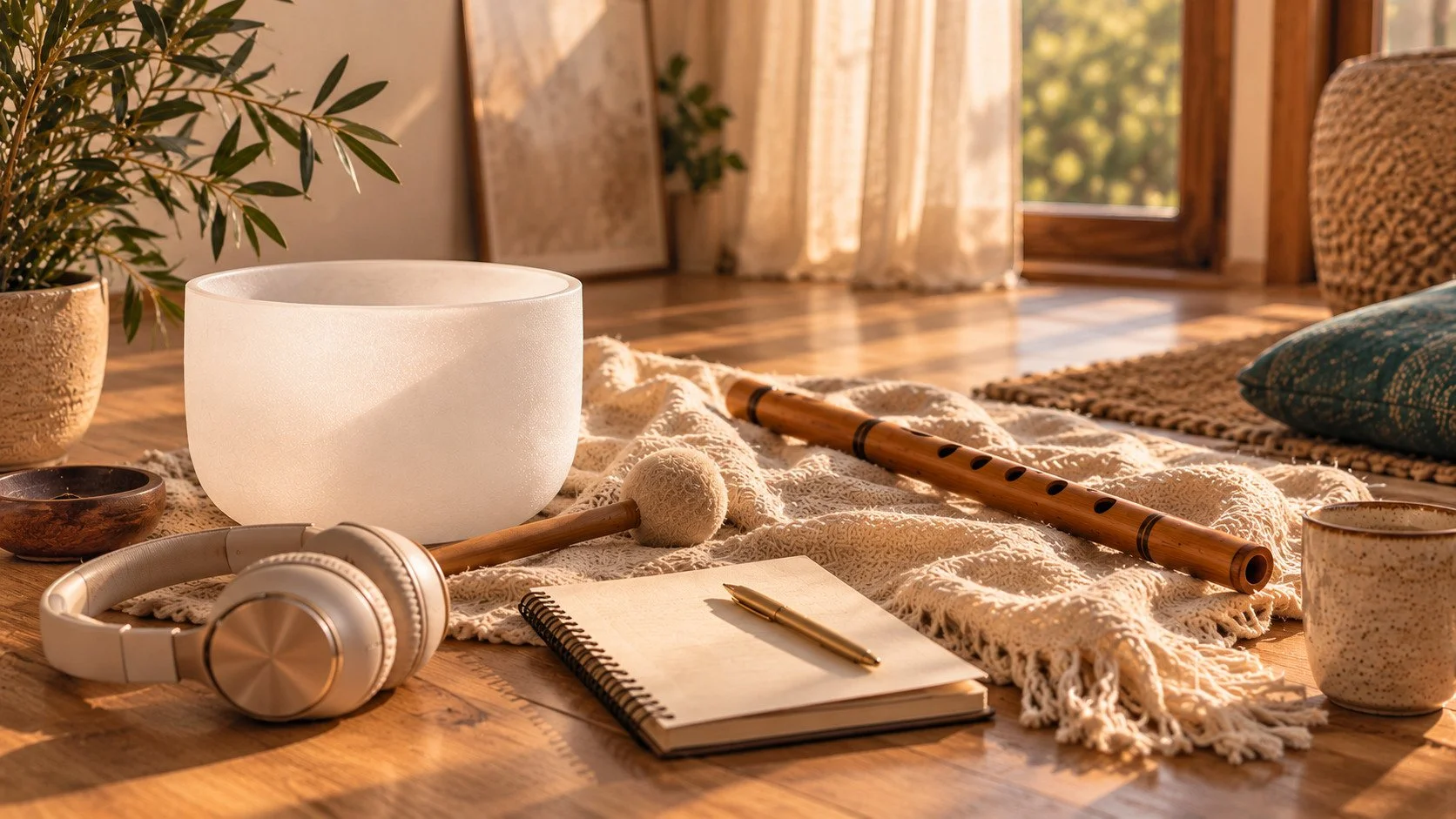 The making of the Regulation Ritual - instruments on wooden floor - crystal bowl, wooden flute, earphones, notebook.  Soft afternoon light.