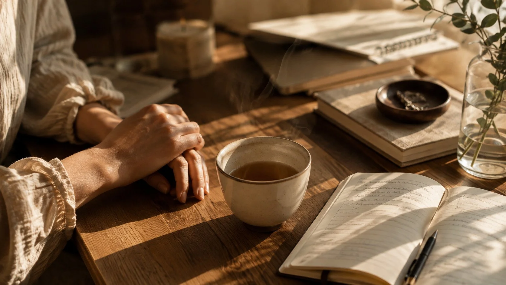 Woman sitting at a busy desk. Only her hands are visible, a hot tea in fron of her with many notebooks and books.