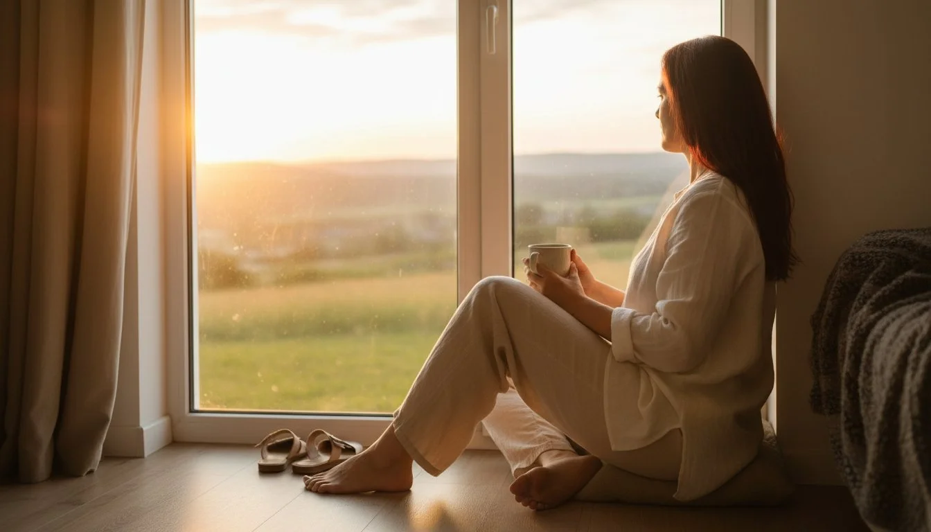 Woman sitting relaxed, leaning against the wall, looking out the window with a cup in her hands.