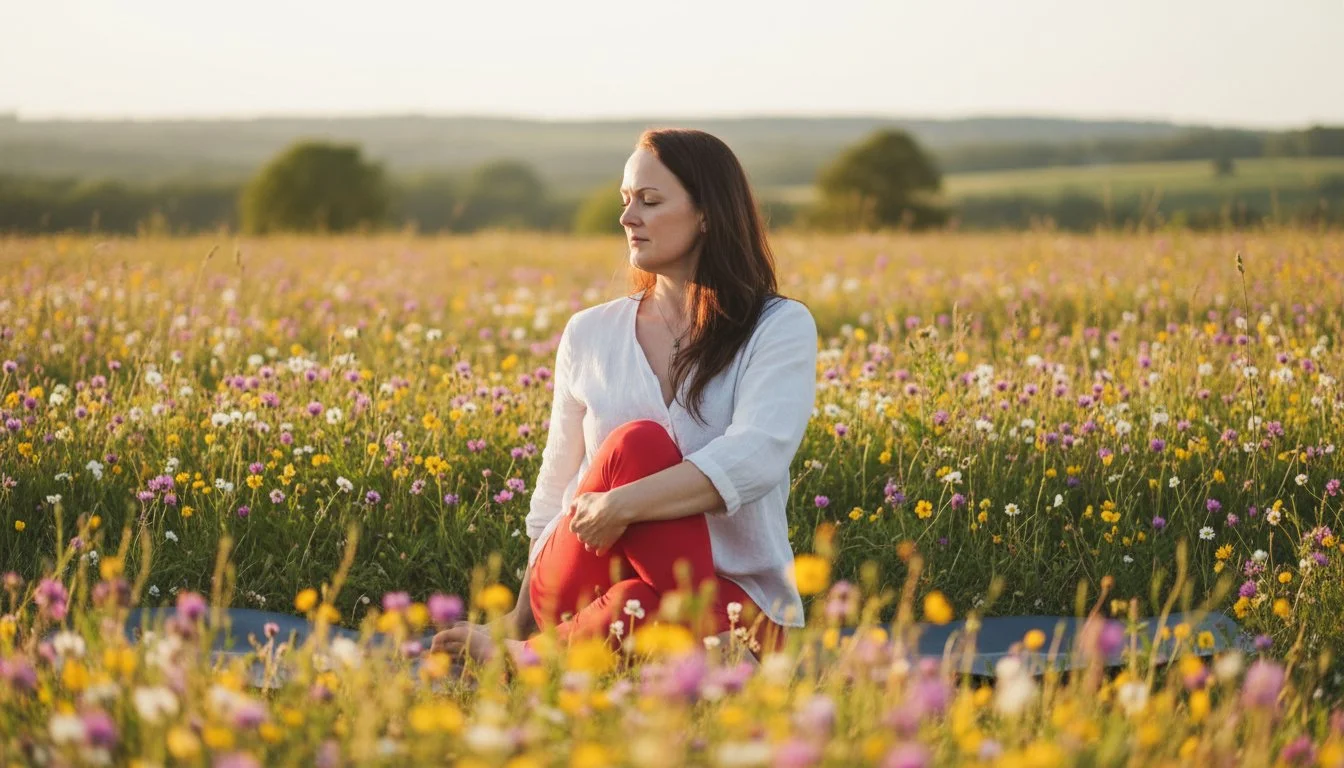 Founder of SoulBreathYoga in a wildflower field in seated twist pose
