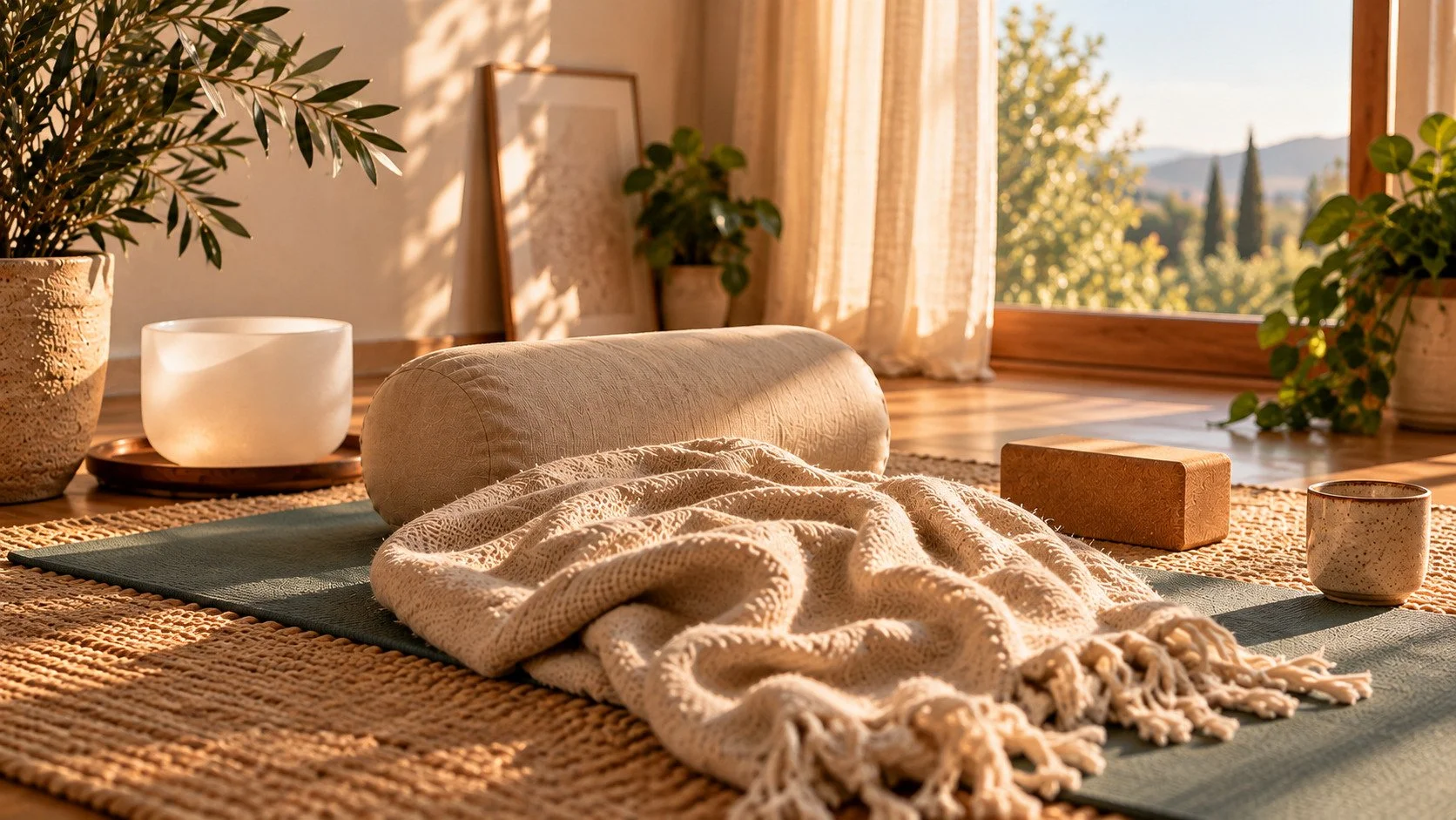 Setup for a Home-Retreat. Natural carpet on wooden floor. Yoga mat with a soft blanket, a crystal bowl and beautiful, golden afternoon light.