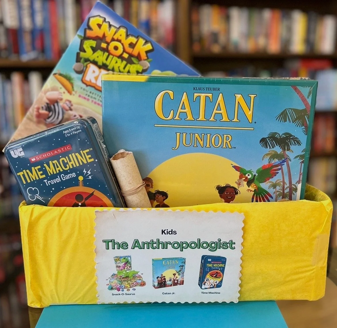 Kids Anthropologist bundle includes Settlers of Catan Jr. game, Time Machine game and Snack-O-Saurus game