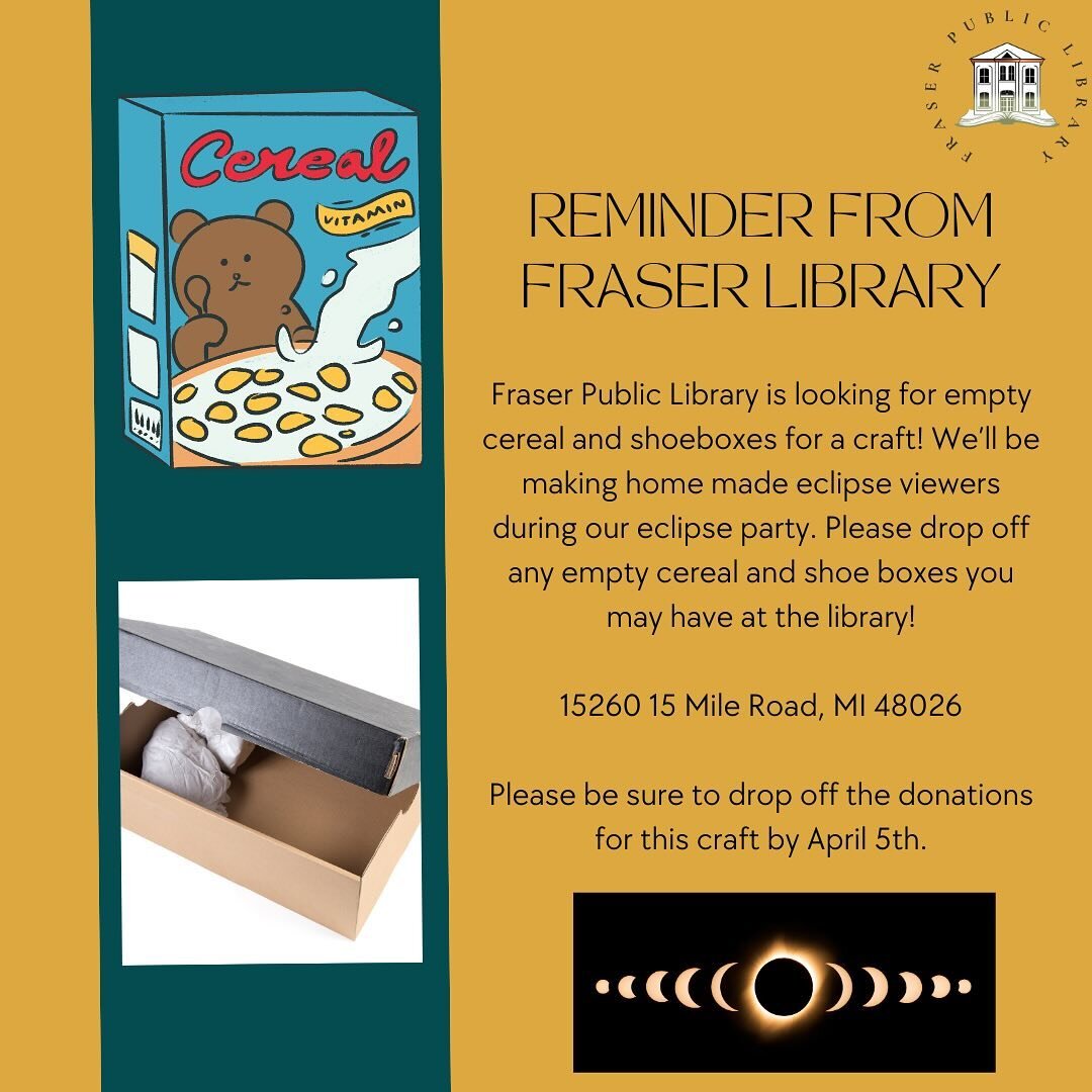 Sending out a reminder to our amazing community about empty cereal and shoe box donations for our Eclipse Party! Please drop off your donations by tomorrow, April 5th! We&rsquo;re open from 10 AM to 6 PM!
